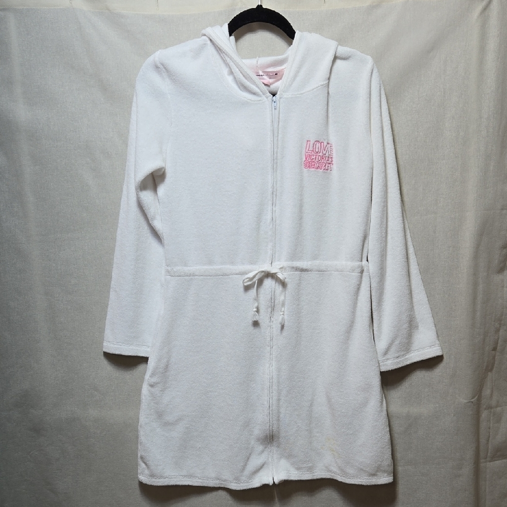 Victoria's Secret White Zip-Up Robe with Pink Label READ